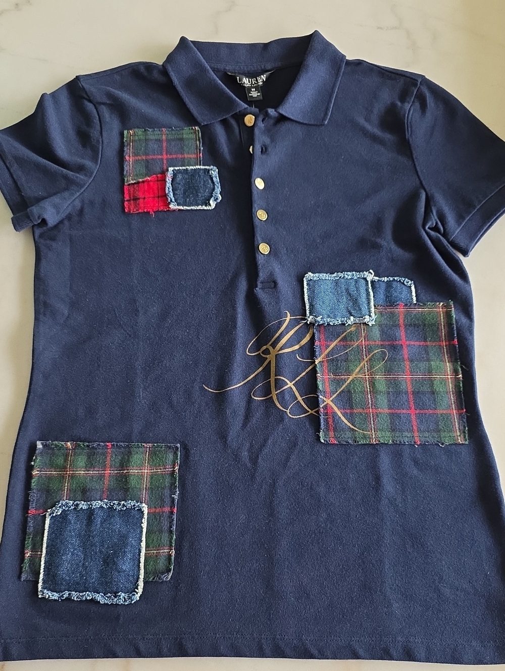 Lauren Ralph Lauren Navy Polo with Tartan & Denim Patchwork